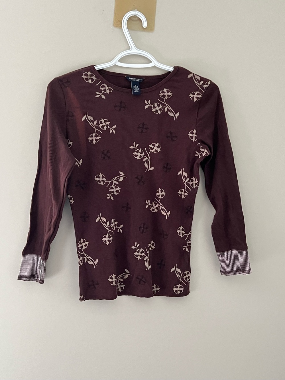 American Eagle Brown Floral Ribbed Long Sleeve Top Medium Cotton